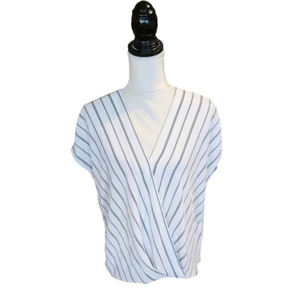 Adrianna Papell Blouson Short Sleeve White with Black Stripes Blouse Size M…‎